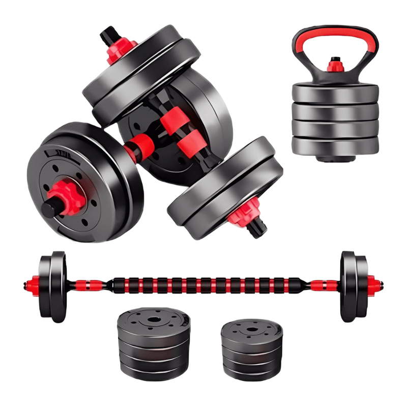 Kit 6 em 1 Halteres, barras, anilhas e kettlebell